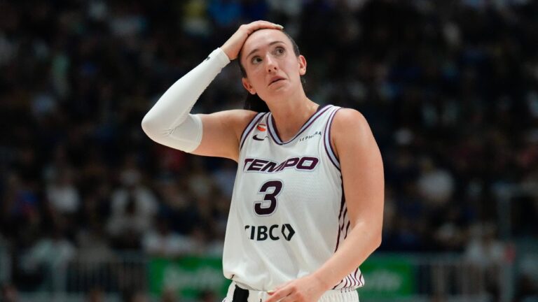 Toronto Tempo's Marina Mabrey (3) reacts during her team's loss to the Washington Mystics in WNBA basketball action in Toronto on Tuesday, July 14, 2026. (Chris Young/CP)