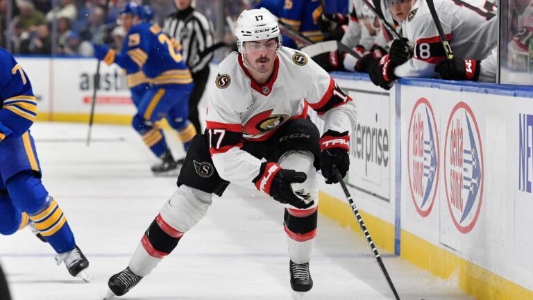 Ottawa Senators right wing Zack MacEwen (17) skates with the puck during the second period of an NHL hockey game against the Buffalo Sabres in Buffalo, N.Y., Tuesday, Nov. 5, 2024. (Adrian Kraus/AP)