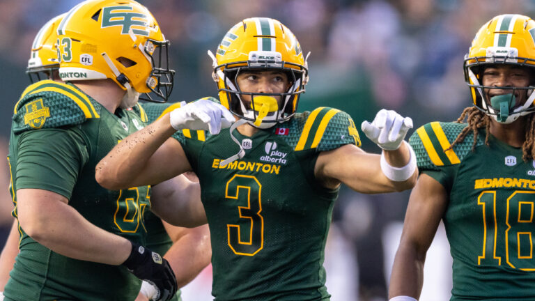 Edmonton Elks' Austin Mack (3) celebrates a first down against the BC Lions during second half CFL football action in Edmonton on Friday, July 17, 2026. (Timothy Matwey/CP)