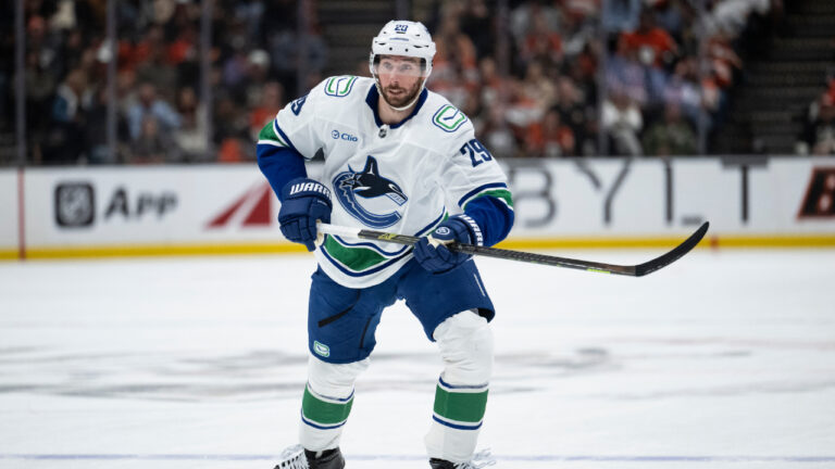 Vancouver Canucks defenceman Marcus Pettersson skates during an NHL hockey game against the Anaheim Ducks, Sunday, April 12, 2026, in Anaheim, Calif. (Kyusung Gong/AP)