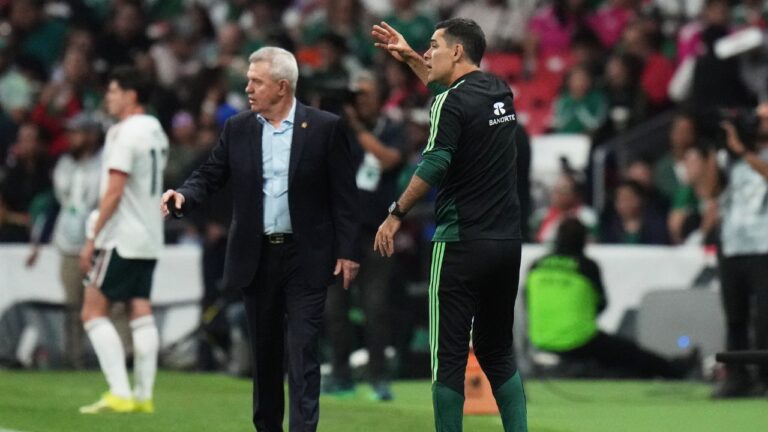 Mexico's assistant coach Rafael Marquez, right, gestures during the international friendly soccer match between Mexico and Portugal in Mexico City, Saturday, March 28, 2026. (Eduardo Verdugo/AP)