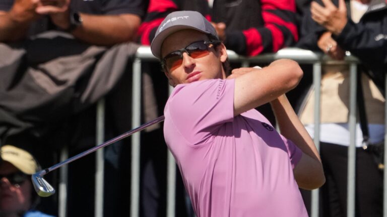 Stefano Mazzoli, of Italy, tees off on the first hole during the fourth round of the Australian Open golf tournament in Melbourne, Australia, Sunday, Dec. 7, 2025. (Asanka Brendon Ratnayake/AP Photo)