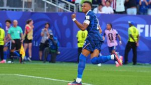 France's Kylian Mbappe (10) celebrates after scoring from a penalty kick the opening goal during the World Cup round of 16 soccer match between Paraguay and France in Philadelphia, Saturday, July 4, 2026. (Martin Meissner/AP)