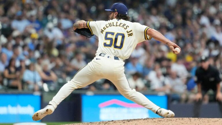 Milwaukee Brewers' Lance McCullers Jr. pitches during the sixth inning of a baseball game against the New York Mets, Monday, July 20, 2026, in Milwaukee. (Aaron Gash/AP)
