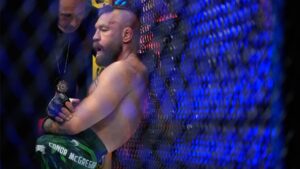 Conor McGregor reacts after losing to Max Holloway in a welterweight fight at the UFC 329 mixed martial arts event Saturday, July 11, 2026, in Las Vegas. (John Locher/AP)