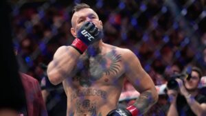 Conor McGregor reacts after losing to Max Holloway in a welterweight fight at the UFC 329 mixed martial arts event Saturday, July 11, 2026, in Las Vegas. (John Locher/AP)