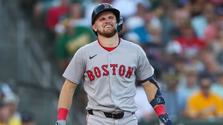 Boston Red Sox's Curtis Mead reacts after being hit by a pitch during the fourth inning of a baseball game against the Athletics, Monday, July 27, 2026, in West Sacramento, Calif. (Scott Marshall/AP Photo)