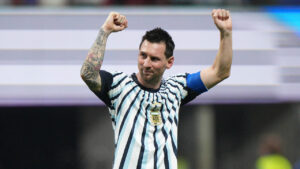 Argentina's Lionel Messi (10) celebrates after the World Cup round of 16 soccer match between Argentina and Egypt in Atlanta, Tuesday, July 7, 2026. (Jacob Kupferman/AP)
