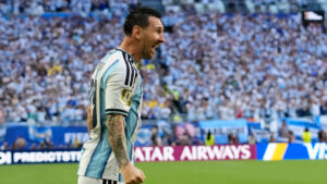 Argentina's Lionel Messi celebrates after scoring the opening goal against Cape Verde during the World Cup round of 32 soccer match in Miami Gardens, Fla., Friday, July 3, 2026. (Lynne Sladky/AP)