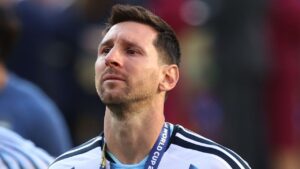 Argentina's Lionel Messi reacts after losing to Spain in the World Cup final soccer match between Spain and Argentina in East Rutherford, N.J., near New York, Sunday, July 19, 2026. (Pamela Smith/AP Photo)