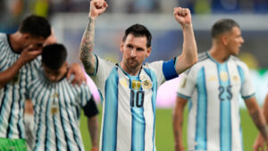 Argentina's Lionel Messi, centre, celebrates after the World Cup round of 32 soccer match against Cape Verde in Miami Gardens, Fla., Friday, July 3, 2026. (Rebecca Blackwell/AP)