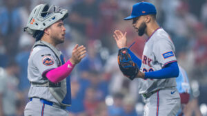 New York Mets catcher Francisco Alvarez, left, celebrates the win with relief pitcher Devin Williams, right, after a baseball game against the Philadelphia Phillies, Thursday, July 16, 2026, in Philadelphia. (Chris Szagola/AP)