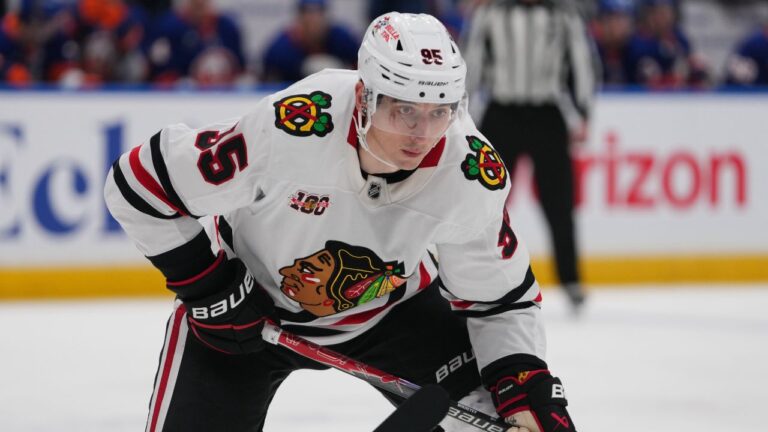 Chicago Blackhawks' Ilya Mikheyev (95) during the third period of an NHL hockey game against the New York Islanders Tuesday, March 24, 2026, in Elmont, N.Y. (Frank Franklin II/AP)