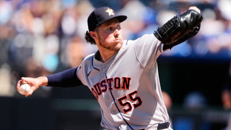 Houston Astros pitcher Nate Pearson throws during the eighth inning of a baseball game against the Kansas City Royals, Sunday, June 14, 2026, in Kansas City, Mo. (Charlie Riedel/AP)