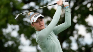 Nelly Korda hits from the 17th tee during the second round of the Women's PGA Championship golf tournament, Friday, June 26, 2026, in Chaska, Minn. (Chris Carlson/AP)