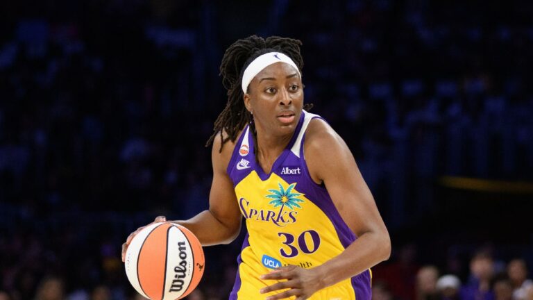 Los Angeles Sparks forward Nneka Ogwumike (30) drives to the basket during a WNBA basketball game against the Las Vegas Aces in Los Angeles, Sunday, May 10, 2026. (Kyusung Gong/AP)