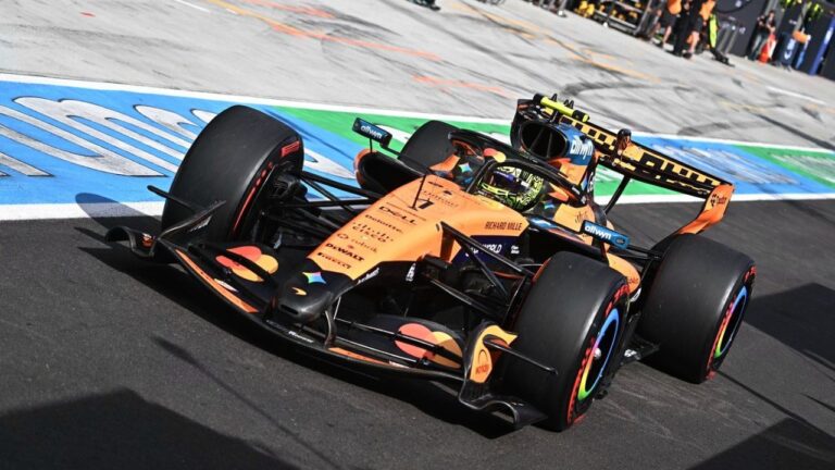 McLaren driver Lando Norris of Britain drives in the pit lane during a qualifying session ahead of the Formula One Hungarian Grand Prix auto race, at the Hungaroring racetrack in Mogyorod, near Budapest, Hungary, Saturday, July 25, 2026. (Attila Kisbenedek/Pool Photo via AP)
