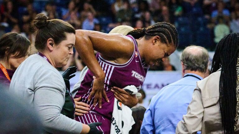 Toronto Tempo's Nyara Sabally (8) leaves the court after sustaining an injury during second half WNBA basketball action against the Atlanta Dream in Toronto, Friday, July 17, 2026. (Sammy Kogan/CP)
