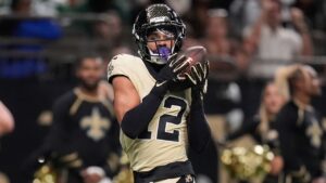 New Orleans Saints wide receiver Chris Olave pulls in a pass for a touchdown during the second half of an NFL football game against the New York Jets, Sunday, Dec. 21, 2025, in New Orleans. (Gerald Herbert/AP)