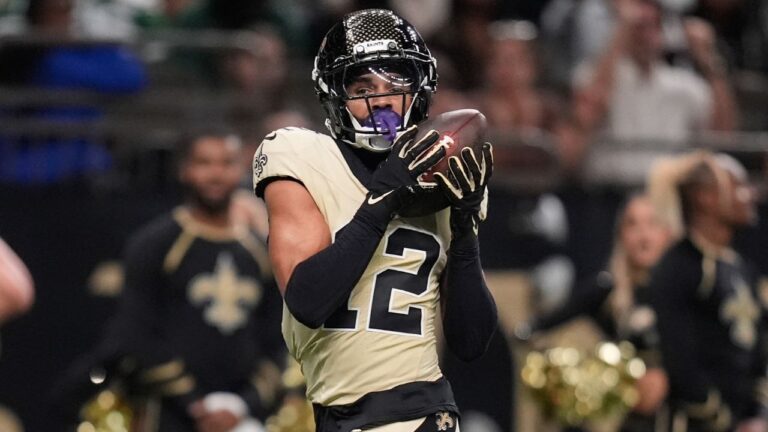 New Orleans Saints wide receiver Chris Olave pulls in a pass for a touchdown during the second half of an NFL football game against the New York Jets, Sunday, Dec. 21, 2025, in New Orleans. (Gerald Herbert/AP)