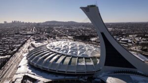 An n aerial view of Olympic Stadium in Montreal in 2024. (Christinne Muschi/THE CANADIAN PRESS)