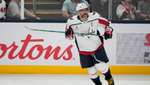 Washington Capitals left wing Alex Ovechkin (8) skates in the third period of an NHL hockey game againsgt the Columbus Blue Jackets Tuesday, April 14, 2026, in Columbus, Ohio. (Sue Ogrocki/AP)