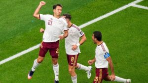 Spain's Mikel Oyarzabal (21) celebrates his goal on a penalty kick with Fabian Ruiz (8), and Rodri (16) during the World Cup semifinal soccer match between France and Spain in Arlington, Texas, near Dallas, Tuesday, July 14, 2026. (David J. Phillip/AP)