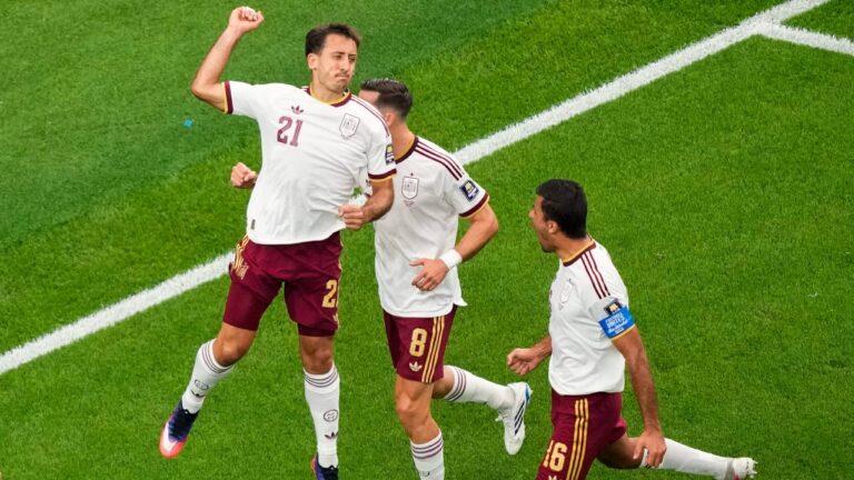 Spain's Mikel Oyarzabal (21) celebrates his goal on a penalty kick with Fabian Ruiz (8), and Rodri (16) during the World Cup semifinal soccer match between France and Spain in Arlington, Texas, near Dallas, Tuesday, July 14, 2026. (David J. Phillip/AP)