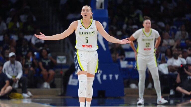 Dallas Wings guard Paige Bueckers questions a call during the first half of a WNBA basketball game against the Atlanta Dream in Arlington, Texas, Wednesday, July 29, 2026. (LM Otero/AP)
