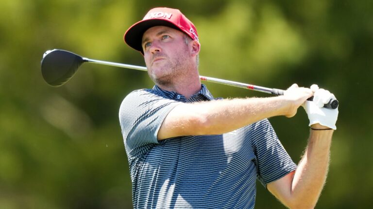 Canadian Taylor Pendrith hits his tee shot on the ninth hole during the third round at the Canadian Open in Caledon, Ont., on Saturday, June 13, 2026. (Nathan Denette/THE CANADIAN PRESS)