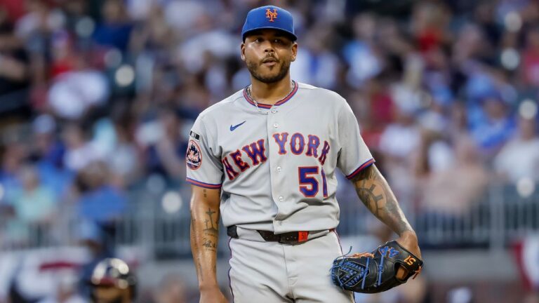 New York Mets pitcher Freddy Peralta reacts on the mound after giving up two runs to the Atlanta Braves during the second inning of a baseball game, Monday, July 6, 2026, in Atlanta. (Erik S. Lesser/AP)