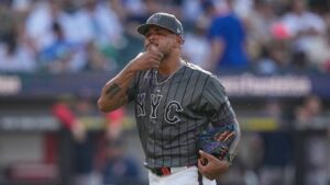 New York Mets pitcher Freddy Peralta reacts as he leaves during the fifth inning of a baseball game against the Boston Red Sox Saturday, July 11, 2026, in New York. (Frank Franklin II/AP)