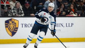 Winnipeg Jets centre Cole Perfetti skates during an NHL hockey game against the Anaheim Ducks, Friday, Feb. 27, 2026, in Anaheim, Calif. (Kyusung Gong/AP)