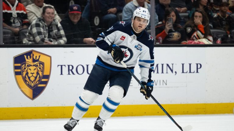 Winnipeg Jets centre Cole Perfetti skates during an NHL hockey game against the Anaheim Ducks, Friday, Feb. 27, 2026, in Anaheim, Calif. (Kyusung Gong/AP)