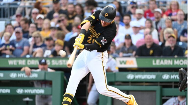The Pittsburgh Pirates' Ryan O'Hearn hits a grand slam off Atlanta Braves starting pitcher Hurston Waldrep during the first inning of an MLB game, Tuesday, July 7, 2026, in Pittsburgh. (Philip G. Pavely/AP Photo)