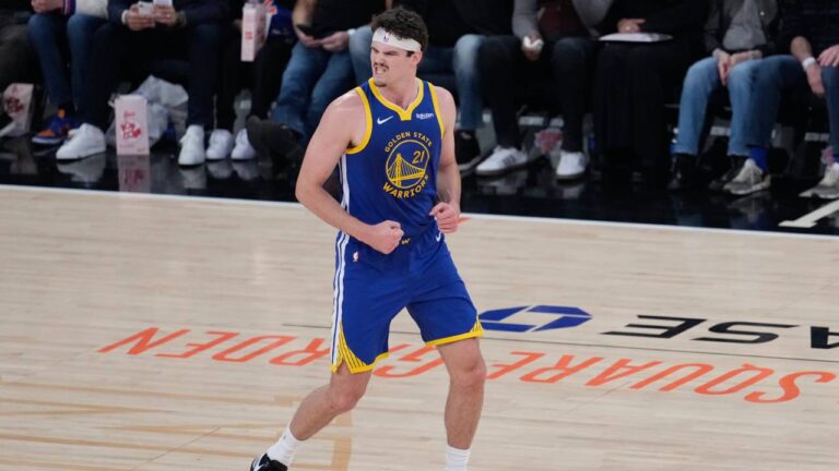 Golden State Warriors' Quinten Post reacts after a basket during the first half of an NBA basketball game against the New York Knicks Sunday, March 15, 2026, in New York. (Seth Wenig/AP)