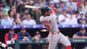 Boston Red Sox centre fielder Ceddanne Rafaela in the first inning against the Rockies on Monday, June 22, 2026, in Denver. (David Zalubowski/AP)