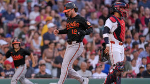 Baltimore Orioles' Dylan Beavers scores on double by Johnathan Rodriguez in the first inning during the second baseball game of a doubleheader against the Boston Red Sox, Wednesday, July 22, 2026, in Boston. (Charles Krupa/AP)