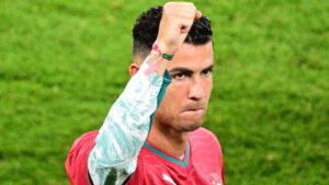 Portugal's Cristiano Ronaldo (7) celebrates the win over Croatia during the second half of a World Cup round of 32 soccer match. (Sammy Kogan/THE CANADIAN PRESS)