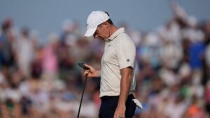 Rory McIlroy of Northern Ireland looks at his club after putting on the 9th green during the first day of the British Open Golf championships at Royal Birkdale golf club, in Southport, England, Thursday, July 16, 2026. (David Goldman/AP)
