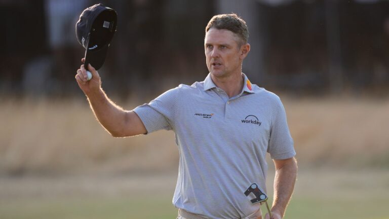 Justin Rose of England acknowledges the crowd after completing his second round on the 18th green during the second day of the British Open Golf championships at Royal Birkdale golf club, in Southport, England, Friday, July 17, 2026. (David Goldman/AP)