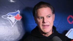 Toronto Blue Jays general manager Ross Atkins meets with media before the Jays take on the Cleveland Guardians in MLB baseball action in Toronto on Friday, April 24, 2026. (Jon Blacker/CP)