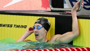 Taylor Ruck reacts following women's 100m backstroke final at the Canadian Swimming Trials in Montreal, on Sunday, July 5, 2026. (Graham Hughes/THE CANADIAN PRESS)