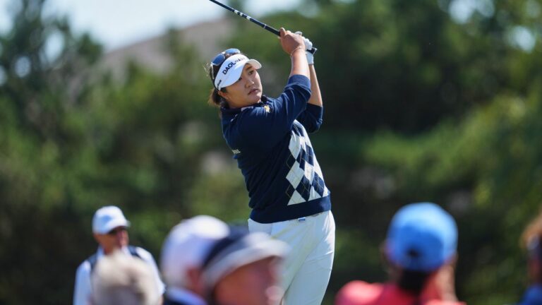 Haeran Ryu, of South Korea, drives off the 4th tee during the second round of the Women's British Open golf championship in Lytham St Annes, England, Friday, July 31, 2026. (Jon Super/AP Photo)