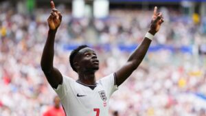 England's Bukayo Saka (7) celebrates scoring his side's fourth goal during the World Cup third-place playoff soccer match between France and England in Miami Gardens, Fla., Saturday, July 18, 2026. (Rebecca Blackwell/AP)
