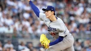 Los Angeles Dodgers pitcher Roki Sasaki delivers during the first inning of a baseball game against the New York Yankees, Friday, July 17, 2026, in New York. (Adam Hunger/AP)