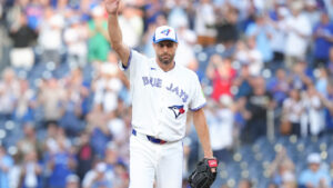 Toronto Blue Jays pitcher Max Scherzer (31) reacts after striking out Philadelphia Phillies designated hitter Kyle Schwarber (12) to record his 3500th strike out during first inning MLB baseball action in Toronto on Wednesday June 10, 2026. (Chris Young/CP)