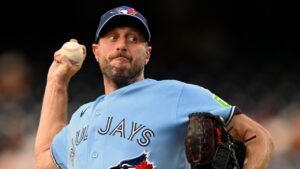 Toronto Blue Jays staring pitcher Max Scherzer throws during the second inning of a baseball game against the Washington Nationals, Monday, July 27, 2026, in Washington. (John McDonnell/AP Photo)