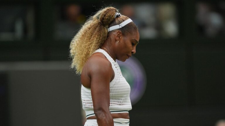 Serena Williams of the United States reacts after losing a point against Maya Joint of Australia in their first round women's singles match at the Wimbledon Tennis Championships in London, Tuesday, June 30, 2026. (Maja Smiejkowska/AP Photo)