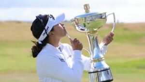 Jenny Shin of South Korea celebrates winning the 2026 ISPS HANDA Women's Scottish Open at Dundonald Links, Ayrshire, Sunday July 26, 2026. (Steve Welsh/PA via AP)